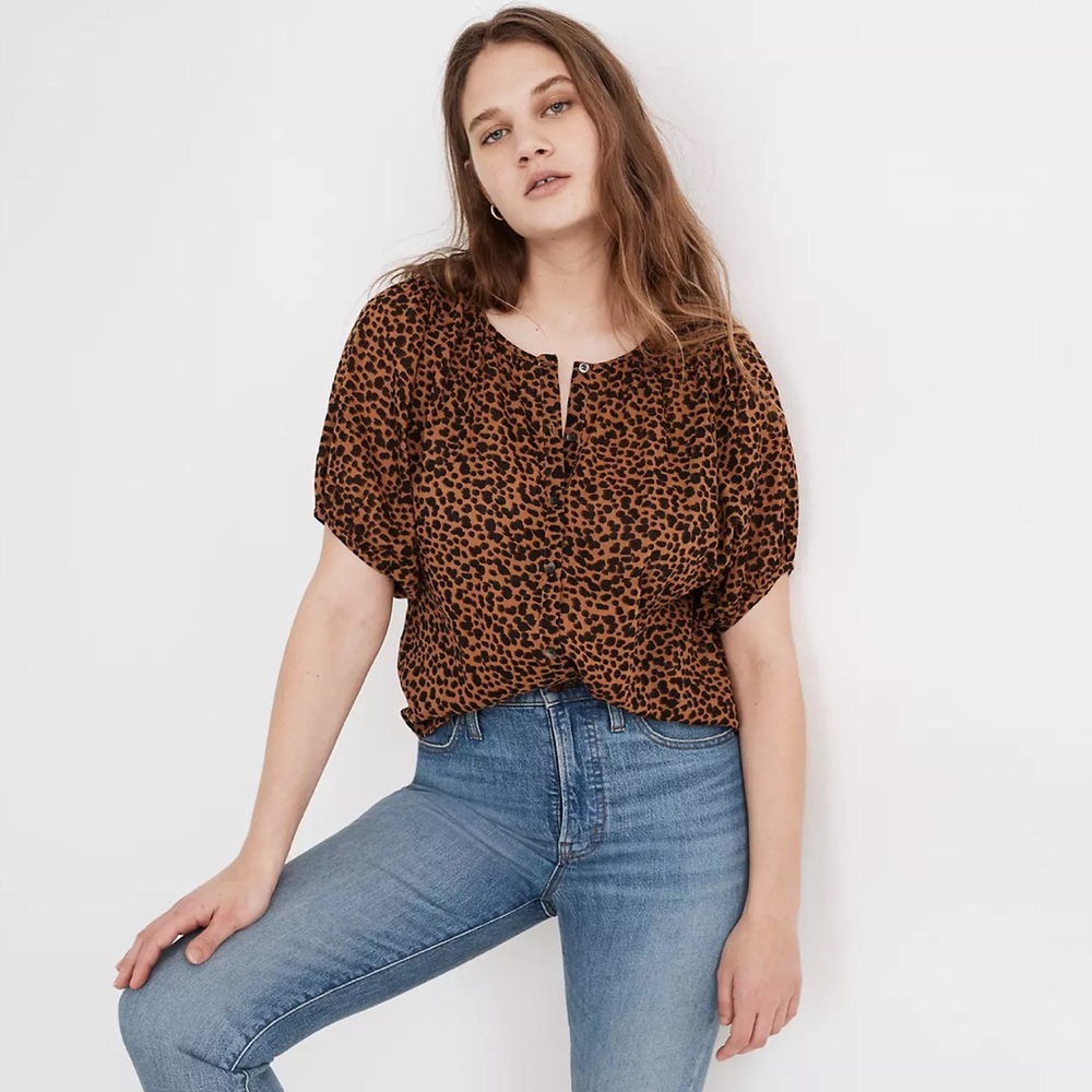 NWT Madewell Balloon-Sleeve Button-Up Top in Painted Leopard XS